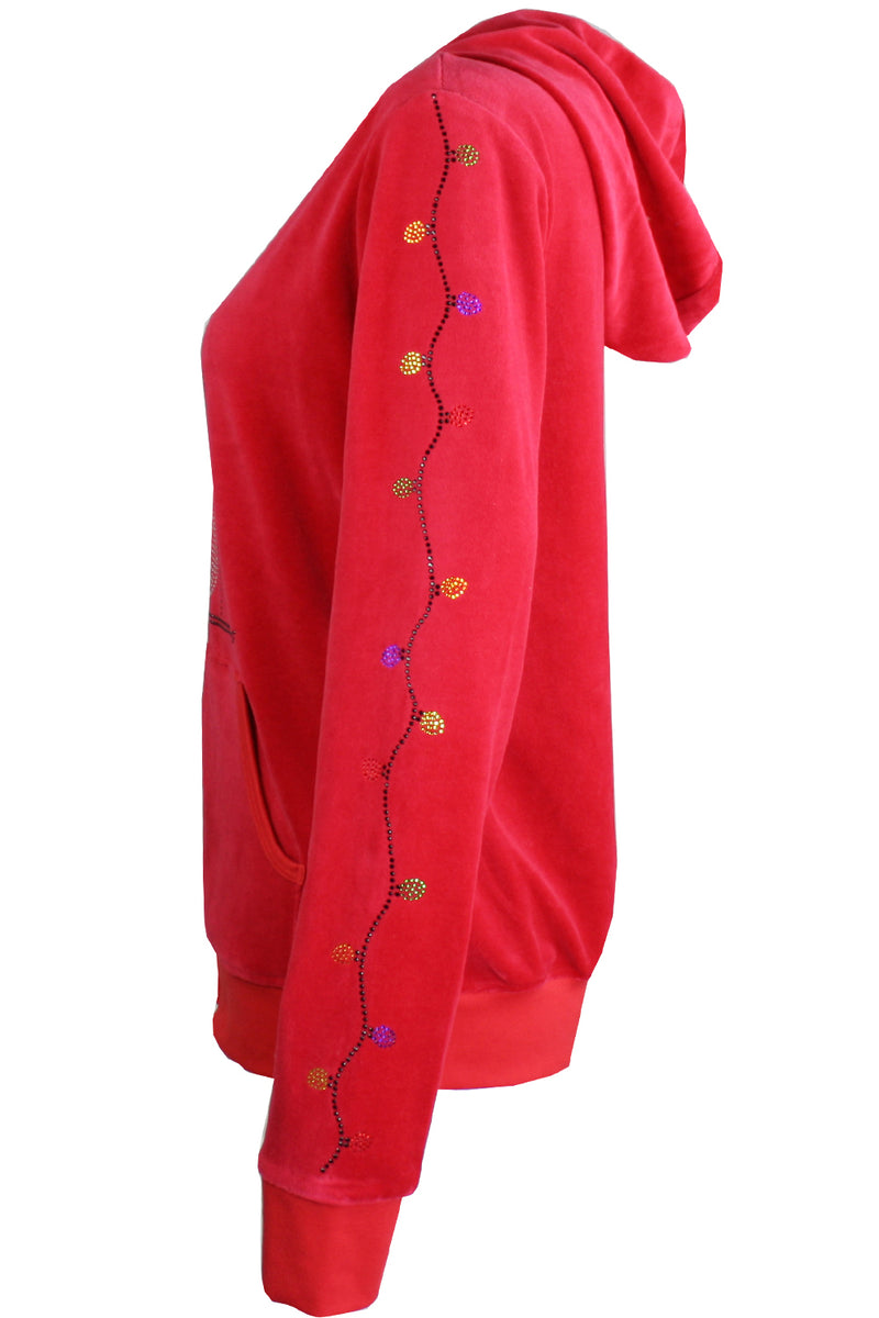 Womens red velour zip hoodie, custom rhinestones, santa clause, fit for a woman, christmas bling, custom embrodiery, zip hoodie, lounge pants.