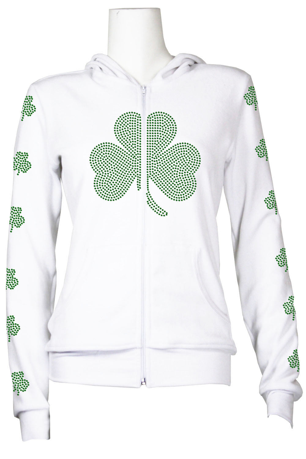 St. Patrick's Day costume, tracksuit, green sweatshirt, shamrocks, velour, custom embroidery, rhinestones, bling bling, hoodie