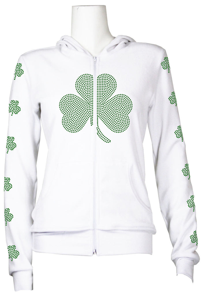 St. Patrick's Day costume, tracksuit, green sweatshirt, shamrocks, velour, custom embroidery, rhinestones, bling bling, hoodie