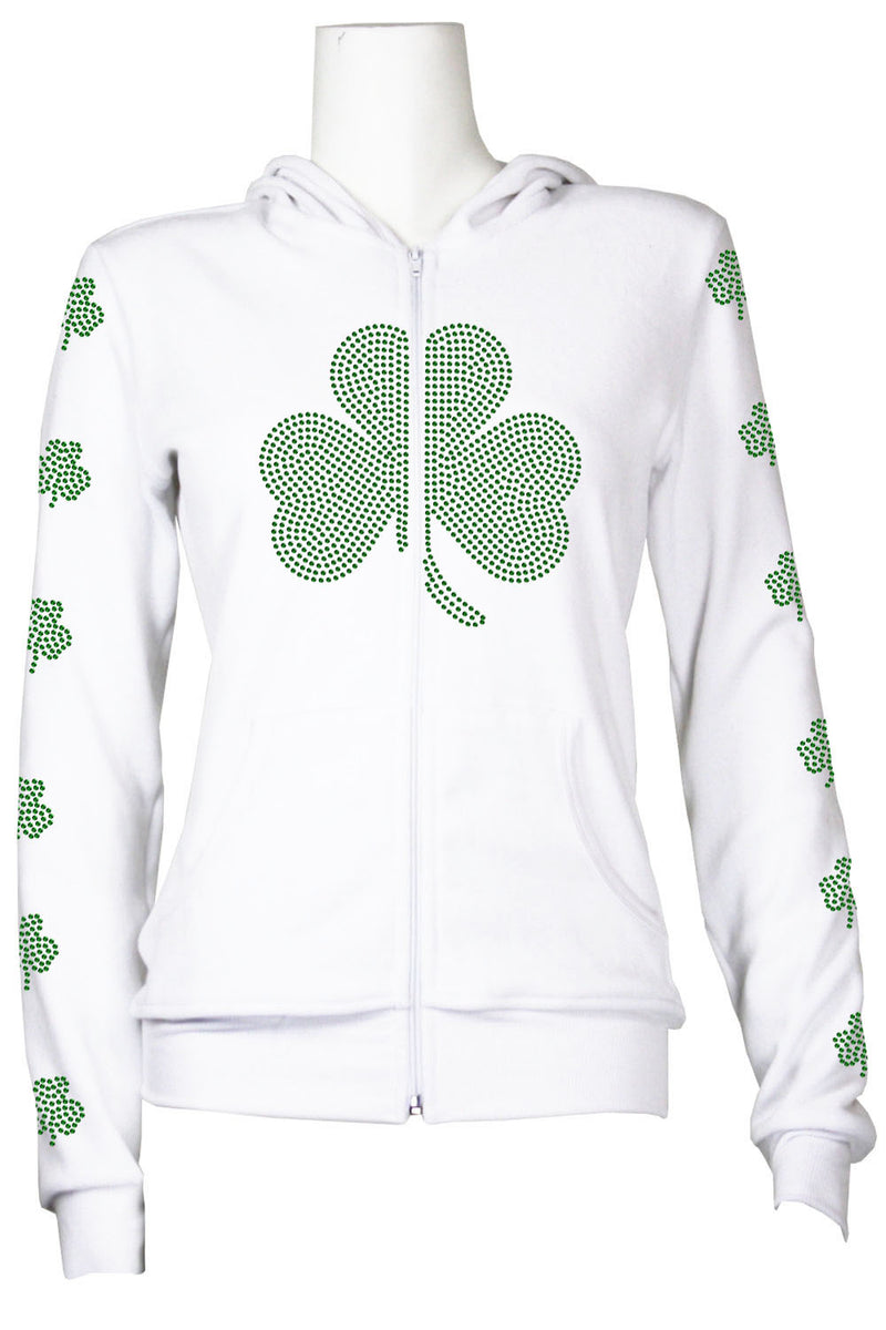 St. Patrick's Day costume, tracksuit, green sweatshirt, shamrocks, velour, custom embroidery, rhinestones, bling bling, hoodie