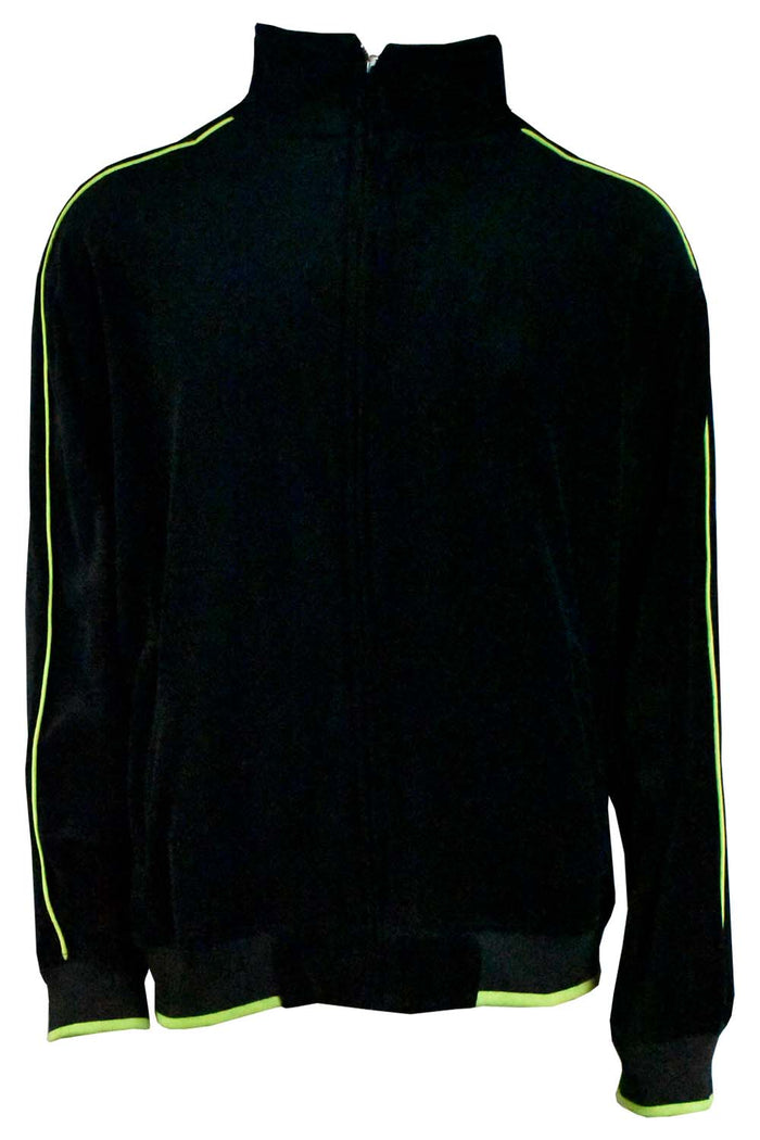 Black velour jacket with lime green piping, velour, sweatshirt, zipper pockets