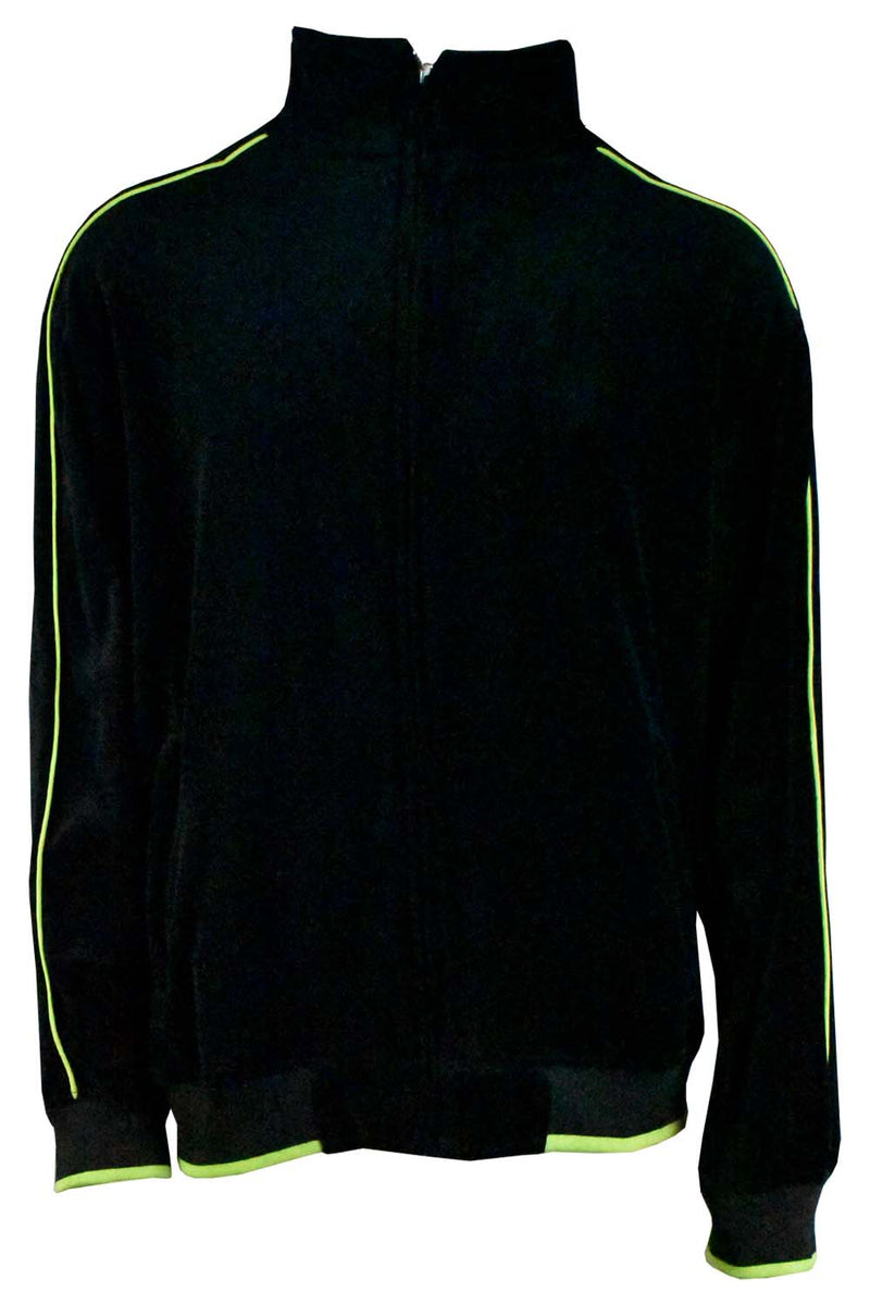 Black velour jacket with lime green piping, velour, sweatshirt, zipper pockets