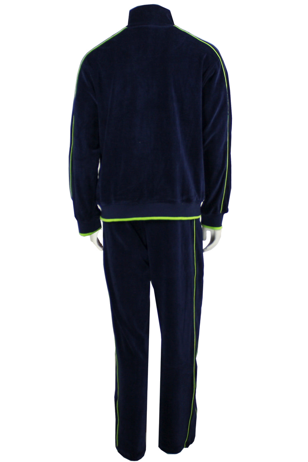 Mens Navy Blue Velour Tracksuit with Lime Green Piping | Sweatsedo