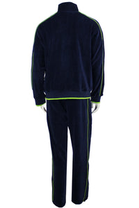navy blue with lime green trim, neon, mens, velour, tracksuit, custom embroidery, rhinestones, sweatsuit, jumpsuit, sweatshirt, sweat pants, track pants, track jacket mens, sweatshirt, sweatpants, jumpsuit, sweatsedo