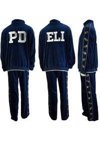 pete davidson and eli manning, pro bowl 2023 nfl, navy blue velour tracksuit, sweatsuit, as seen on tv, espn, manning custom embroidery, rhinestone footballs