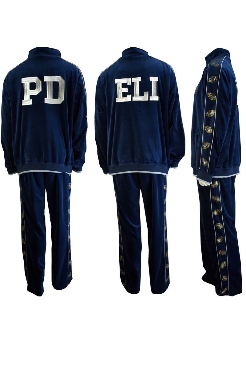 pete davidson and eli manning, pro bowl 2023 nfl, navy blue velour tracksuit, sweatsuit, as seen on tv, espn, manning custom embroidery, rhinestone footballs