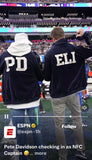pete davidson and eli manning, pro bowl 2023 nfl, navy blue velour tracksuit, sweatsuit, as seen on tv, espn, manning custom embroidery, rhinestone footballs