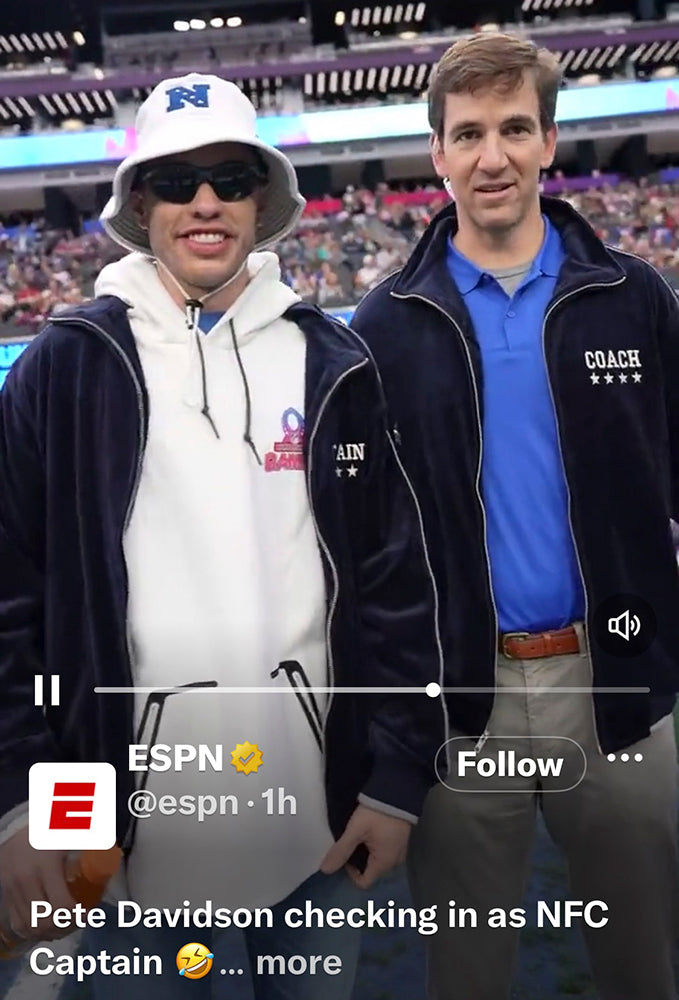 pete davidson and eli manning, pro bowl 2023 nfl, navy blue velour tracksuit, sweatsuit, as seen on tv, espn, manning custom embroidery, rhinestone footballs
