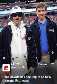 pete davidson and eli manning, pro bowl 2023 nfl, navy blue velour tracksuit, sweatsuit, as seen on tv, espn, manning custom embroidery, rhinestone footballs