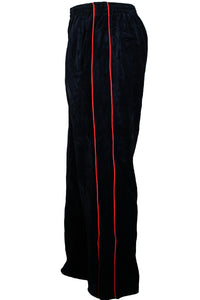 black velour tracksuit with red trim, velour jacket, velour pants, custom embroidery, navy pilot, embroidered callsigns