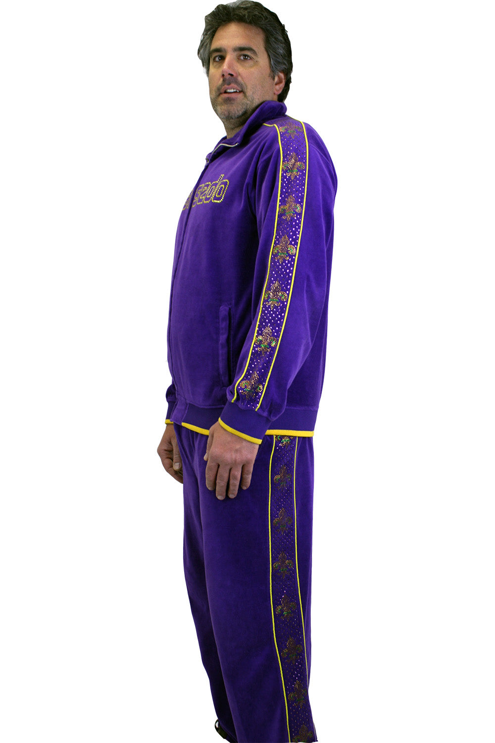 Purple Velour Tracksuit with Fluer de Lis Rhinestones Parti Gras Sweatsedo