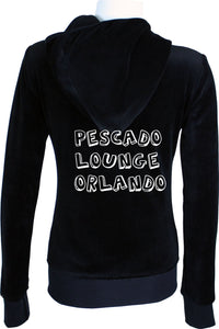 womens black velour hoodie, custom embroidery, pescado lounge, orlando, sweatsedo, tracksuit, hoodie, velour, sweats, comfy