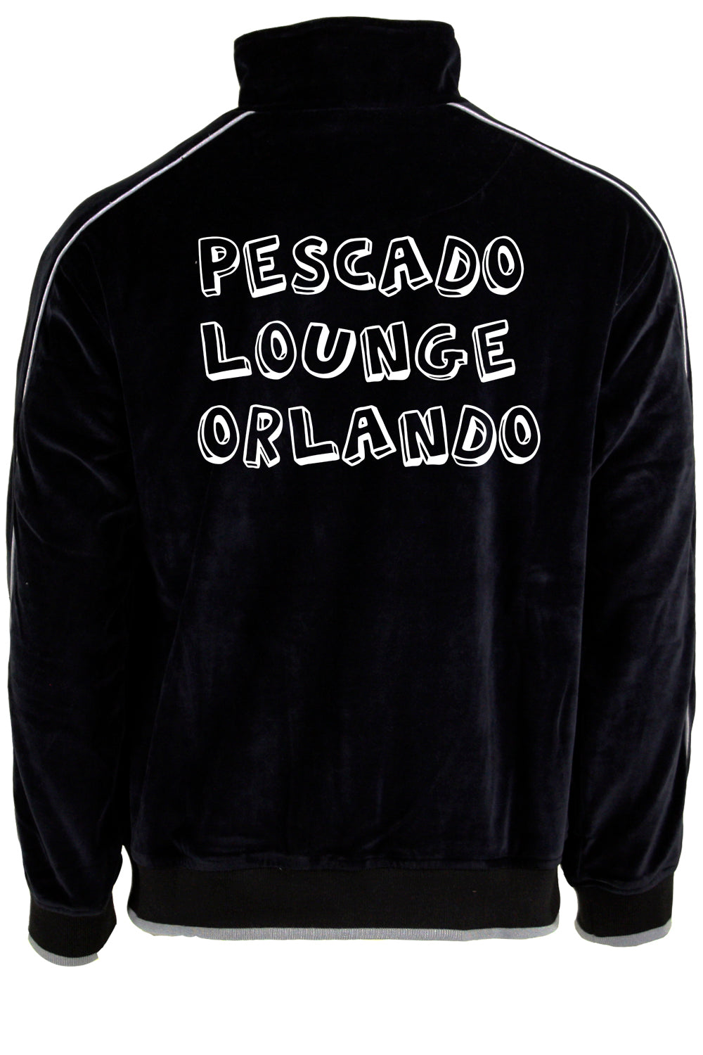 mens black velour tracksuit with custom embroidery. The Pescado Lounge Sweatsedo is a black tracksuit with custom embroidery on the front and back of the jacket. Order yours today from Sweatsedo. Mens jogging outfit