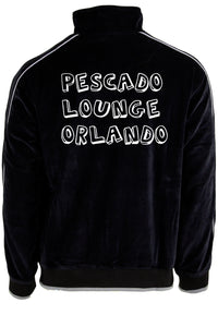 mens black velour tracksuit with custom embroidery. The Pescado Lounge Sweatsedo is a black tracksuit with custom embroidery on the front and back of the jacket. Order yours today from Sweatsedo. Mens jogging outfit