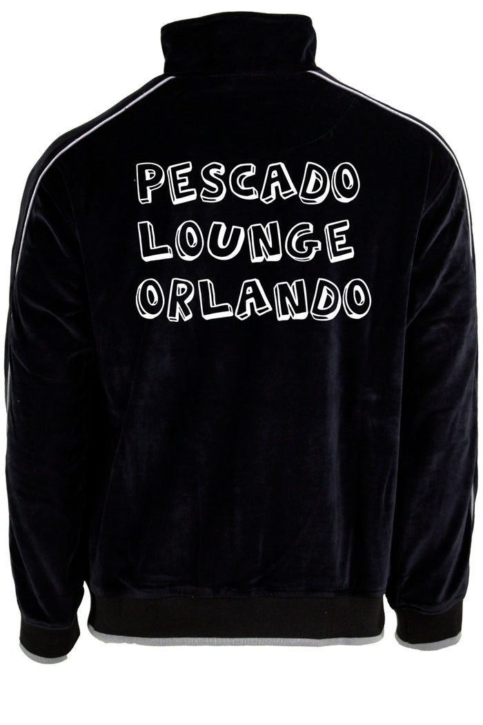 mens black velour tracksuit with custom embroidery. The Pescado Lounge Sweatsedo is a black tracksuit with custom embroidery on the front and back of the jacket. Order yours today from Sweatsedo. Mens jogging outfit