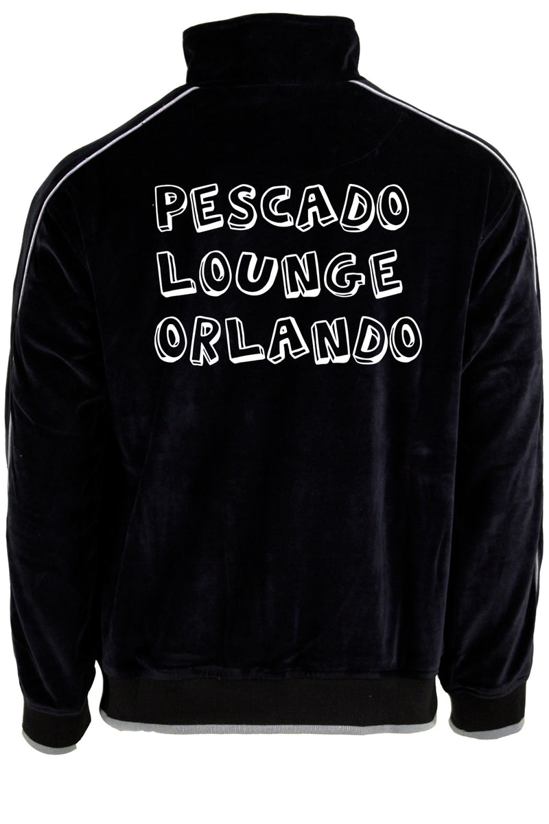mens black velour tracksuit with custom embroidery. The Pescado Lounge Sweatsedo is a black tracksuit with custom embroidery on the front and back of the jacket. Order yours today from Sweatsedo. Mens jogging outfit