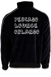 mens black velour tracksuit with custom embroidery. The Pescado Lounge Sweatsedo is a black tracksuit with custom embroidery on the front and back of the jacket. Order yours today from Sweatsedo. Mens jogging outfit