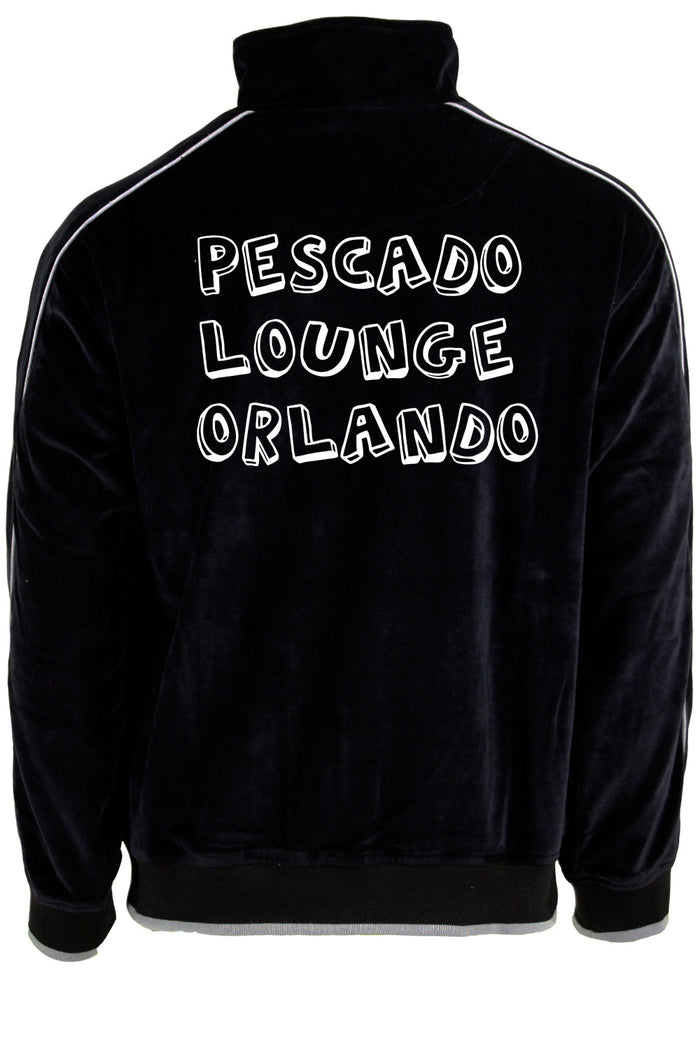 mens black velour tracksuit with custom embroidery. The Pescado Lounge Sweatsedo is a black tracksuit with custom embroidery on the front and back of the jacket. Order yours today from Sweatsedo. Mens jogging outfit