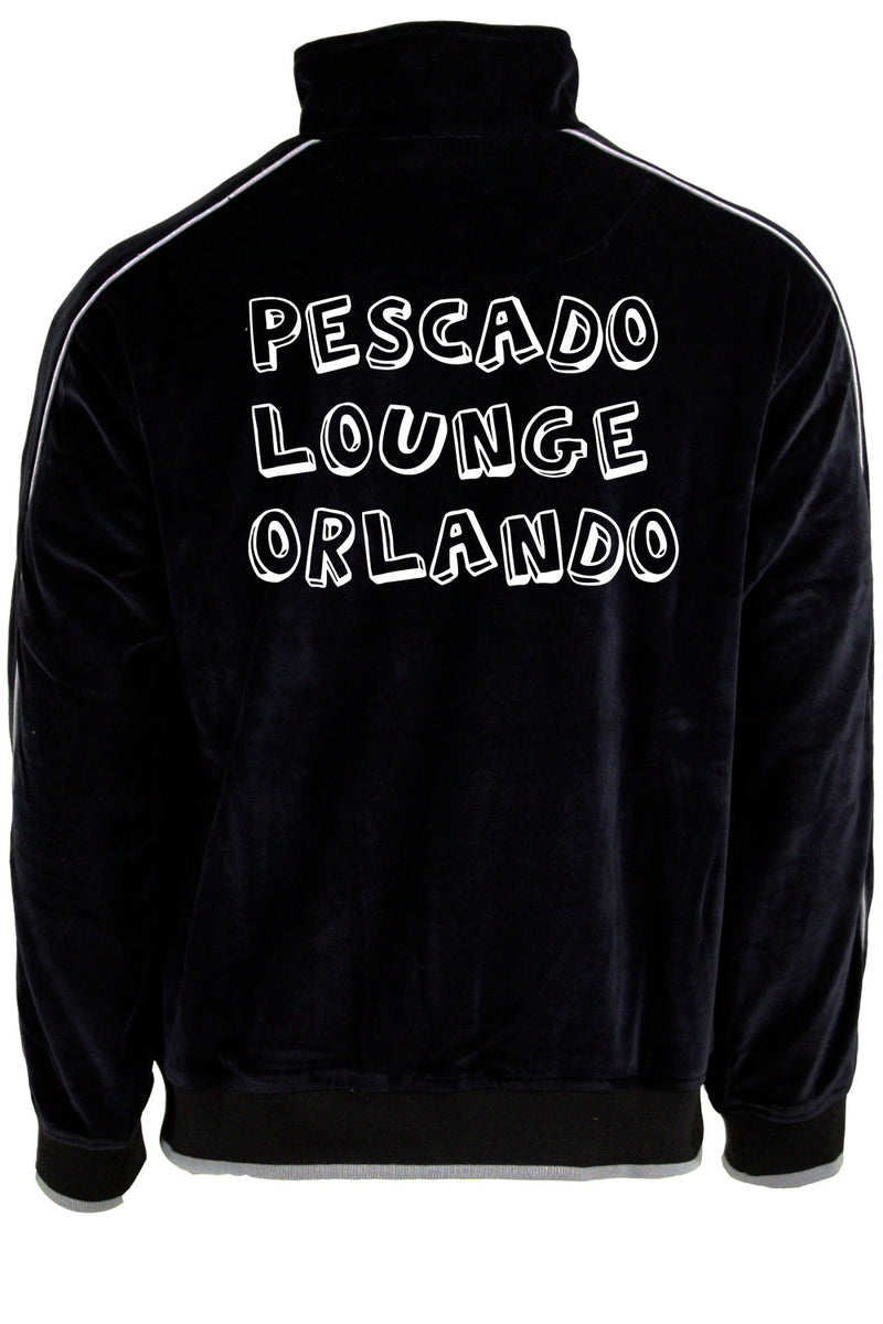 mens black velour tracksuit with custom embroidery. The Pescado Lounge Sweatsedo is a black tracksuit with custom embroidery on the front and back of the jacket. Order yours today from Sweatsedo. Mens jogging outfit