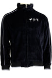 mens black velour tracksuit with custom embroidery. The Pescado Lounge Sweatsedo is a black tracksuit with custom embroidery on the front and back of the jacket. Order yours today from Sweatsedo. Mens jogging outfit