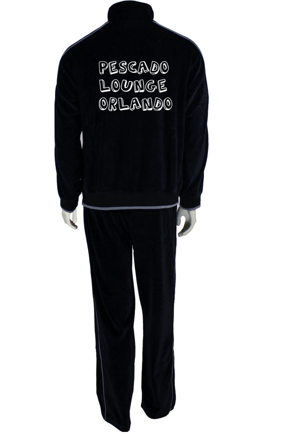 mens black velour tracksuit with custom embroidery.  The Pescado Lounge Sweatsedo is a black tracksuit with custom embroidery on the front and back of the jacket.  Order yours today from Sweatsedo.  Mens jogging outfit