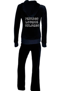 womens black velour hoodie, custom embroidery, pescado lounge, orlando, sweatsedo, tracksuit, hoodie, velour, sweats, comfy