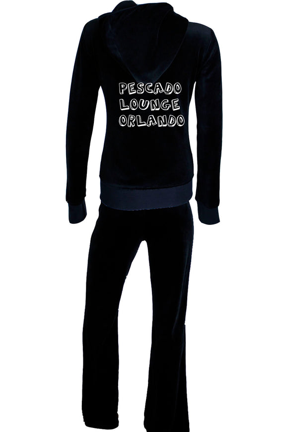 womens black velour hoodie, custom embroidery, pescado lounge, orlando, sweatsedo, tracksuit, hoodie, velour, sweats, comfy