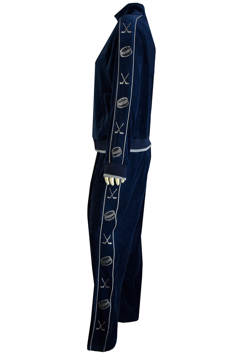 navy blue velour tracksuit with rhinestone hockey pucks, custom embroidery on the front chest or back is optional. sweatsuit, sweatsedo, velour, custom rhinestones, hockey sticks, pucks