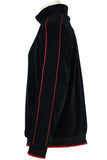black with red trim, mens, velour, tracksuit, custom embroidery, rhinestones, sweatsuit, jumpsuit, sweatshirt, sweat pants, track pants, track jacket mens, sweatshirt, sweatpants, jumpsuit, sweatsedo