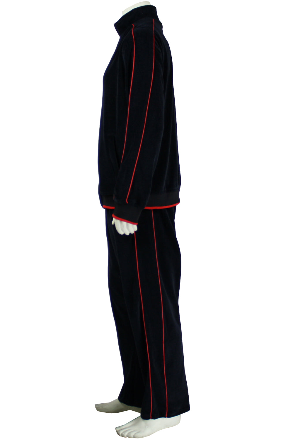 Mens Black Velour Tracksuit with Red Piping, Black Widow