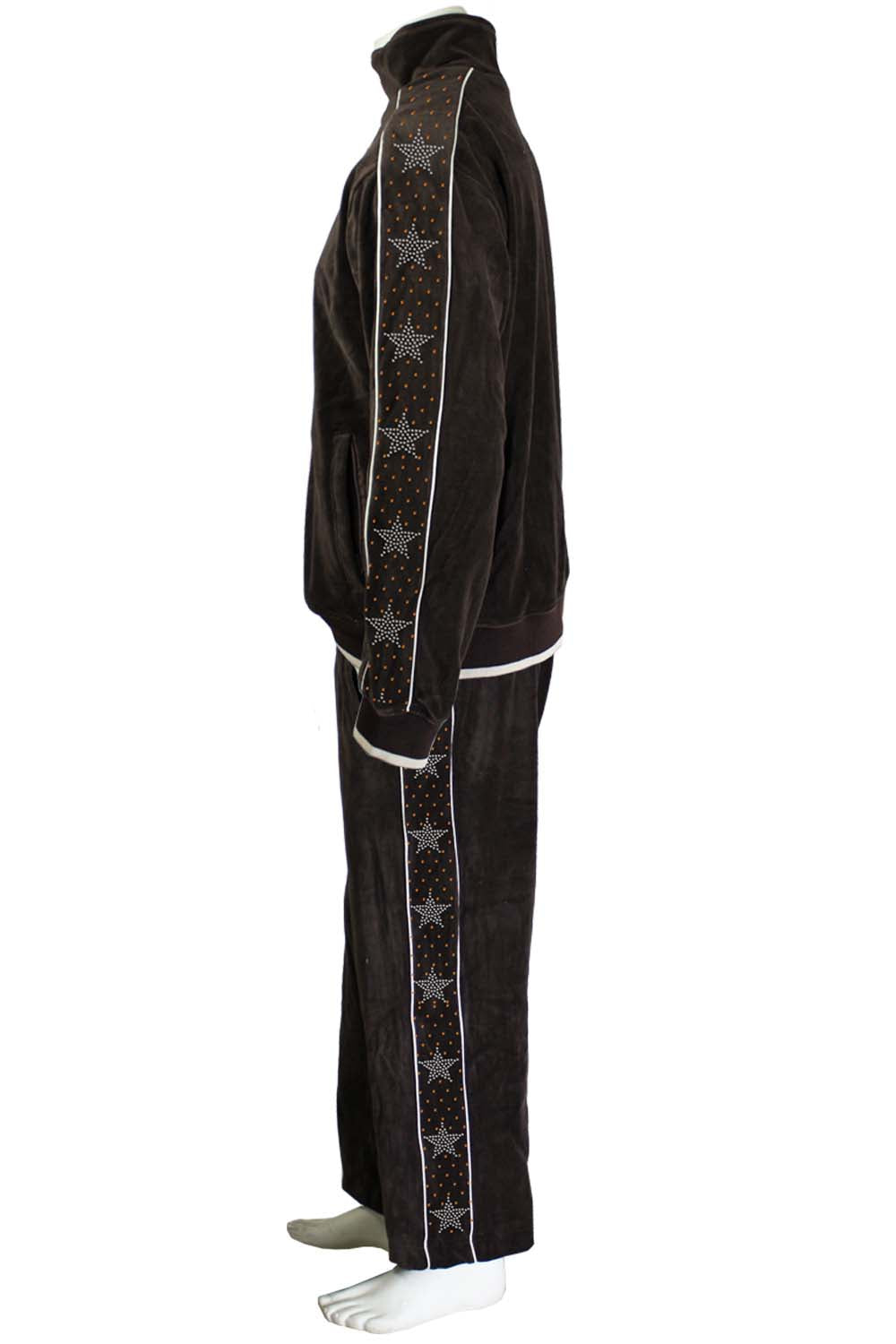 Brown Velour Tracksuit with Tan Piping and Rhinestone Stars We call it the Ricky Bobby.  Most comfortable sweatsuit you will ever own.  Its a party favor