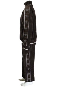 Brown Velour Tracksuit with Tan Piping and Rhinestone Stars We call it the Ricky Bobby.  Most comfortable sweatsuit you will ever own.  Its a party favor