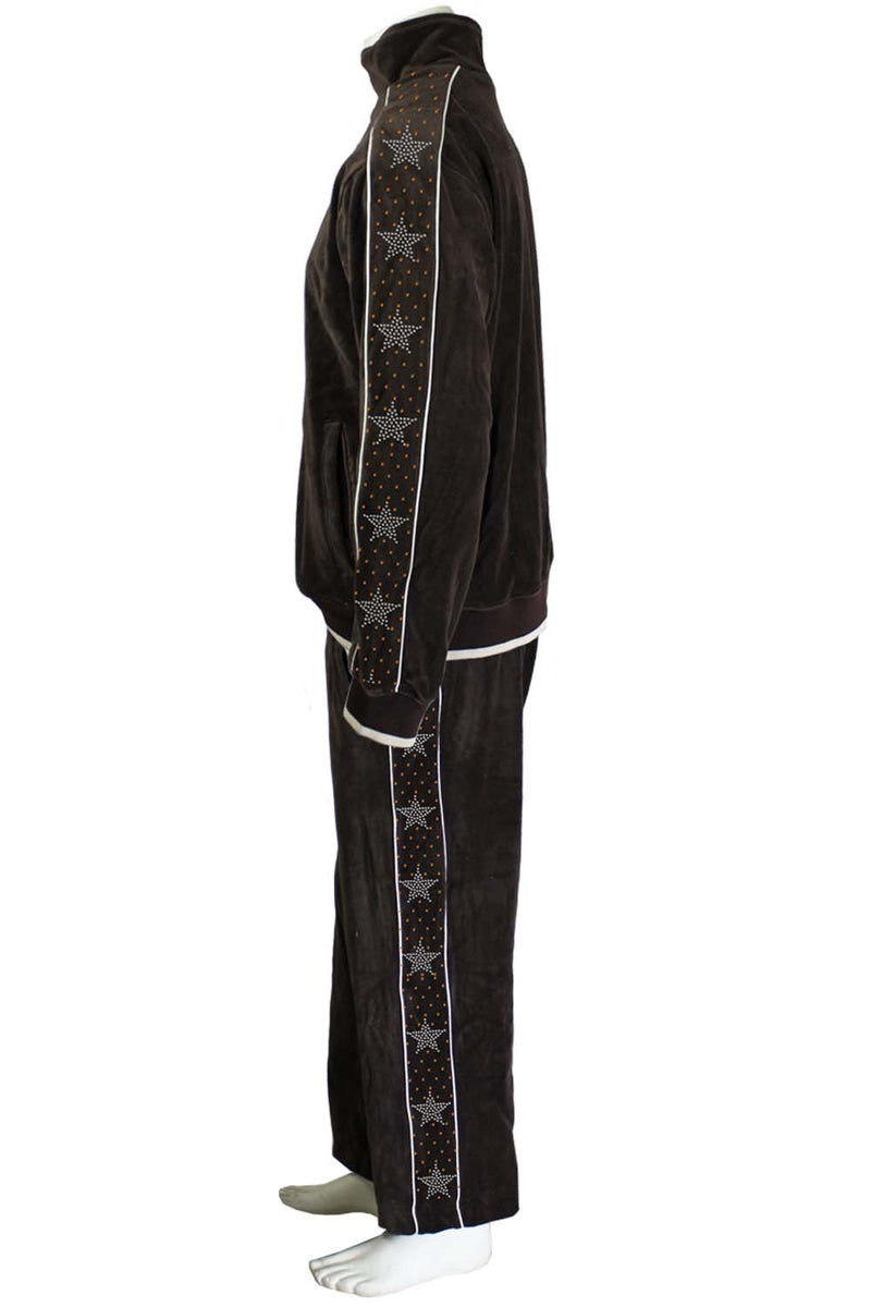 Brown Velour Tracksuit with Tan Piping and Rhinestone Stars We call it the Ricky Bobby.  Most comfortable sweatsuit you will ever own.  Its a party favor