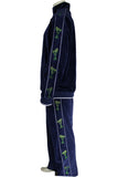 Navy blue velour tracksuit with green rhinestone margaritas.  perfect for partys, the most comfortable sweatsuit you will ever own.