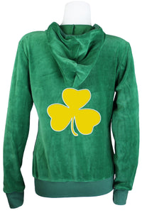 St. Patrick's Day costume, tracksuit, green sweatshirt, shamrocks, velour, custom embroidery, rhinestones, bling bling, hoodie