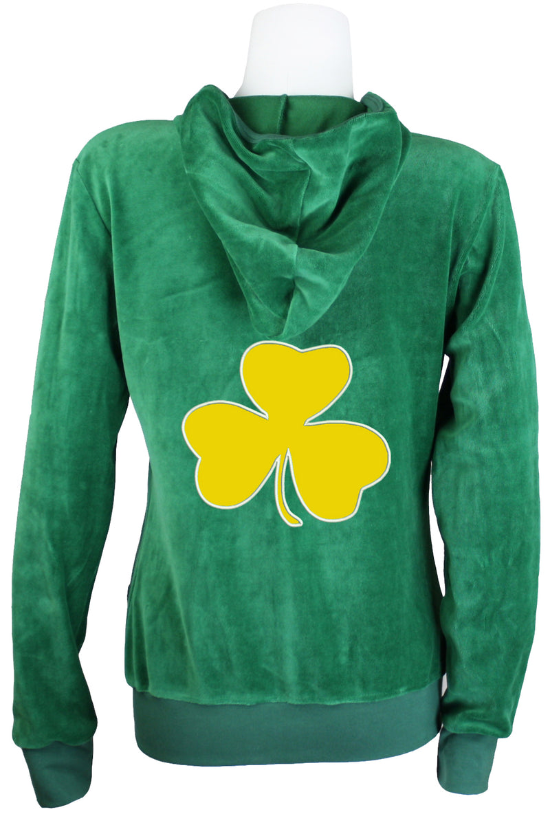 St. Patrick's Day costume, tracksuit, green sweatshirt, shamrocks, velour, custom embroidery, rhinestones, bling bling, hoodie