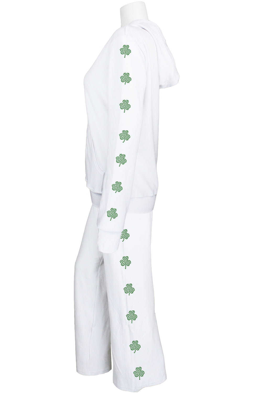 St. Patrick's Day costume, tracksuit, green sweatshirt, shamrocks, velour, custom embroidery, rhinestones, bling bling, hoodie