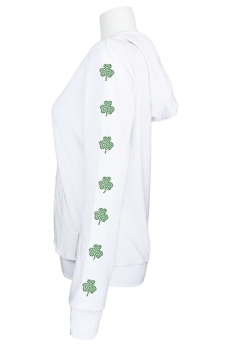 St. Patrick's Day costume, tracksuit, green sweatshirt, shamrocks, velour, custom embroidery, rhinestones, bling bling, hoodie