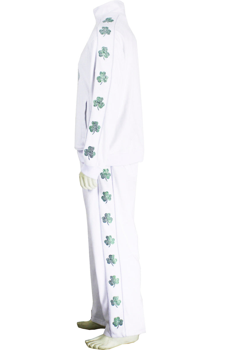 St. Patrick's Day costume, tracksuit, green sweatshirt, shamrocks, velour, custom embroidery, rhinestones, bling bling, hoodie