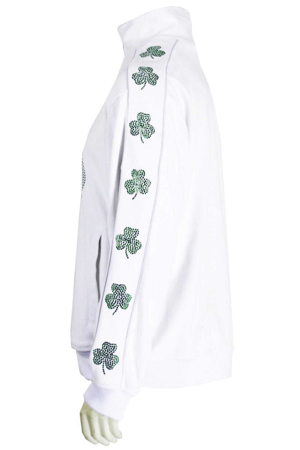 St. Patrick's Day costume, tracksuit, green sweatshirt, shamrocks, velour, custom embroidery, rhinestones, bling bling, hoodie