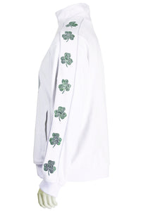 St. Patrick's Day costume, tracksuit, green sweatshirt, shamrocks, velour, custom embroidery, rhinestones, bling bling, hoodie
