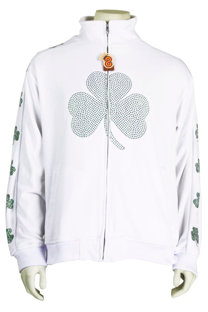St. Patrick's Day costume, tracksuit, green sweatshirt, shamrocks, velour, custom embroidery, rhinestones, bling bling, hoodie
