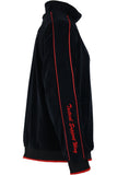 black velour track jacket with red trim, velour jacket, velour pants, custom embroidery, navy pilot, embroidered callsigns