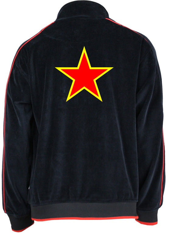 black velour tracksuit with red trim, velour jacket, velour pants, custom embroidery, navy pilot, embroidered callsigns