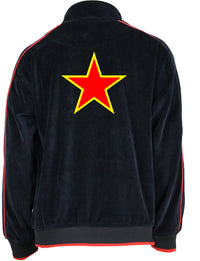 black velour tracksuit with red trim, velour jacket, velour pants, custom embroidery, navy pilot, embroidered callsigns