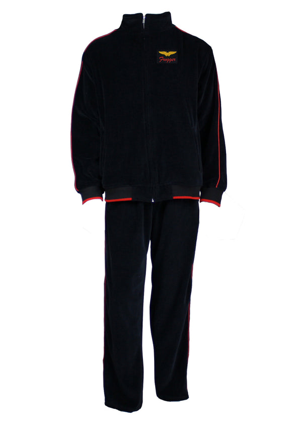 black velour tracksuit with red trim, velour jacket, velour pants, custom embroidery, navy pilot, embroidered callsigns