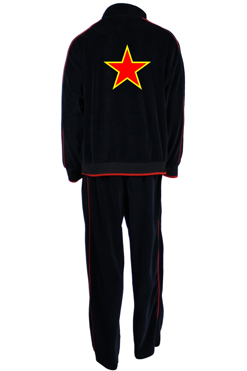 black velour tracksuit with red trim, velour jacket, velour pants, custom embroidery, navy pilot, embroidered callsigns