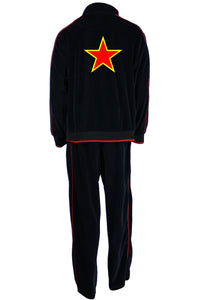 black velour tracksuit with red trim, velour jacket, velour pants, custom embroidery, navy pilot, embroidered callsigns