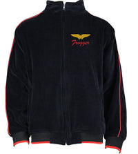 black velour tracksuit with red trim, velour jacket, velour pants, custom embroidery, navy pilot, embroidered callsigns