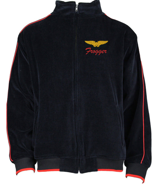 black velour track jacket with red trim, velour jacket, velour pants, custom embroidery, navy pilot, embroidered callsigns